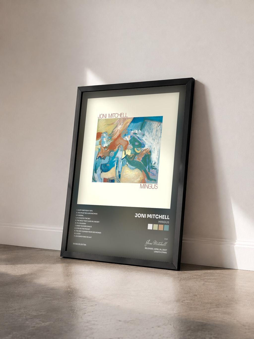 #noir Tableau de l'album Mingus de Joni Mitchell vu de trois quarts, cadre noir