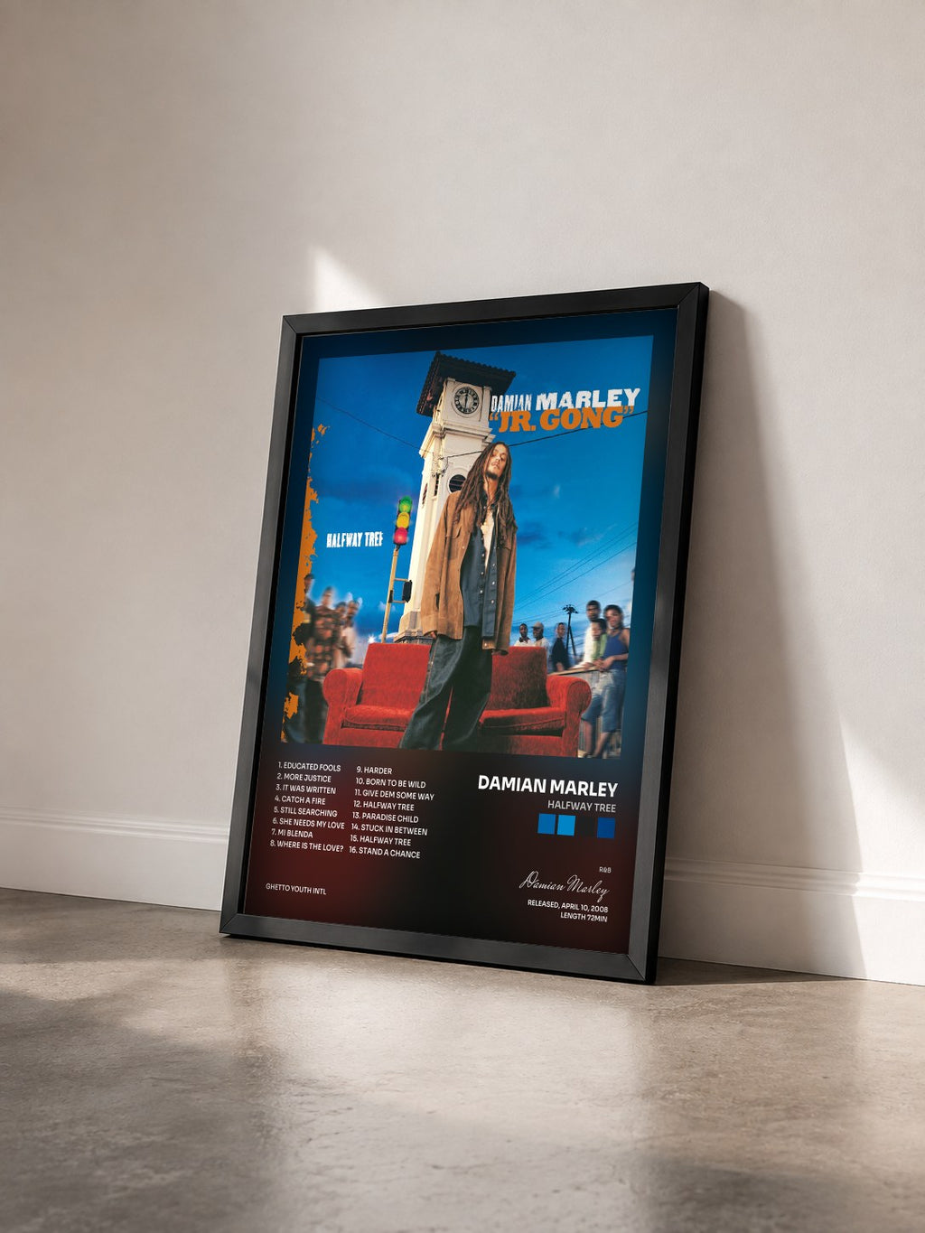 #noir Tableau de l'album Halfway Tree de Damian Marley vu de trois quarts, cadre noir