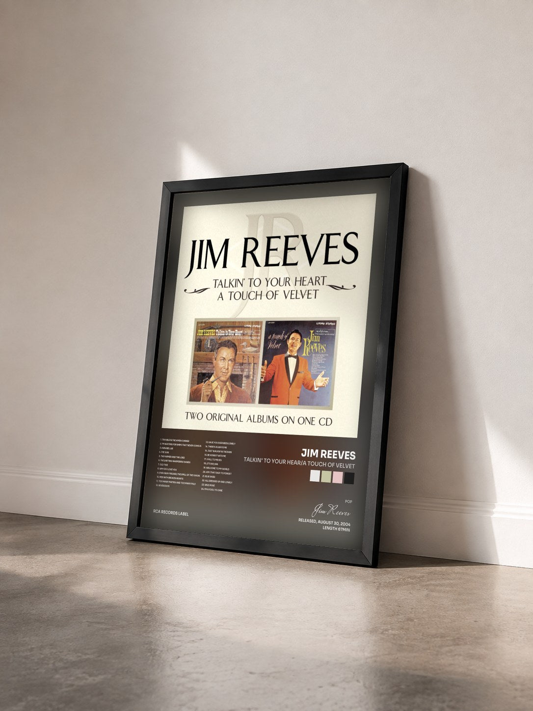 #noir Tableau de l'album Talkin' To Your Hear/A Touch of Velvet de Jim Reeves vu de trois quarts, cadre noir