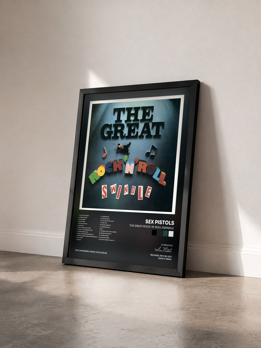 #noir Tableau de l'album The Great Rock 'N' Roll Swindle de Sex Pistols vu de trois quarts, cadre noir