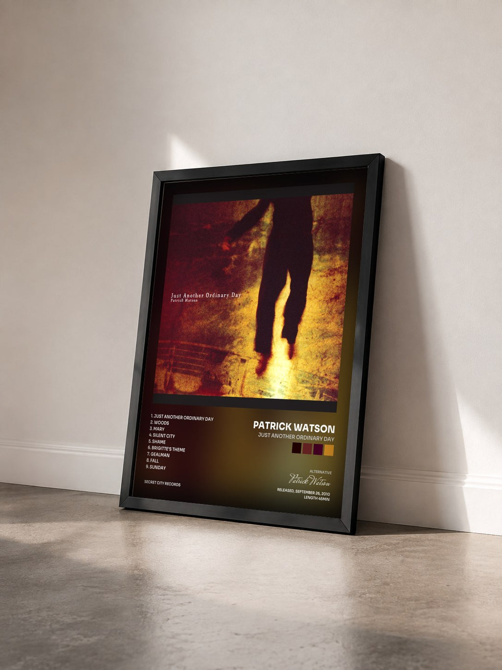 #noir Tableau de l'album Just Another Ordinary Day de Patrick Watson vu de trois quarts, cadre noir