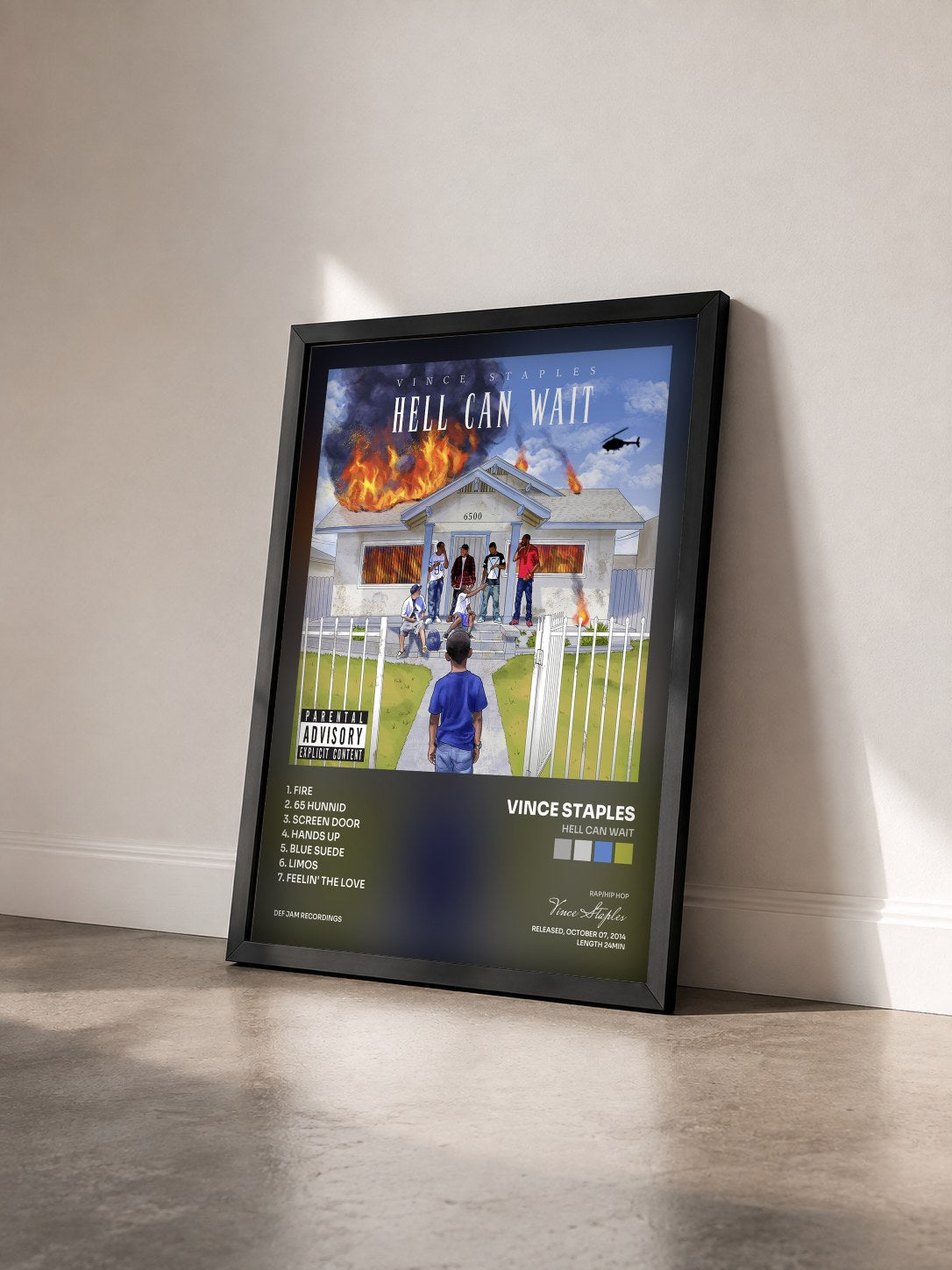#noir Tableau de l'album Hell Can Wait de Vince Staples vu de trois quarts, cadre noir