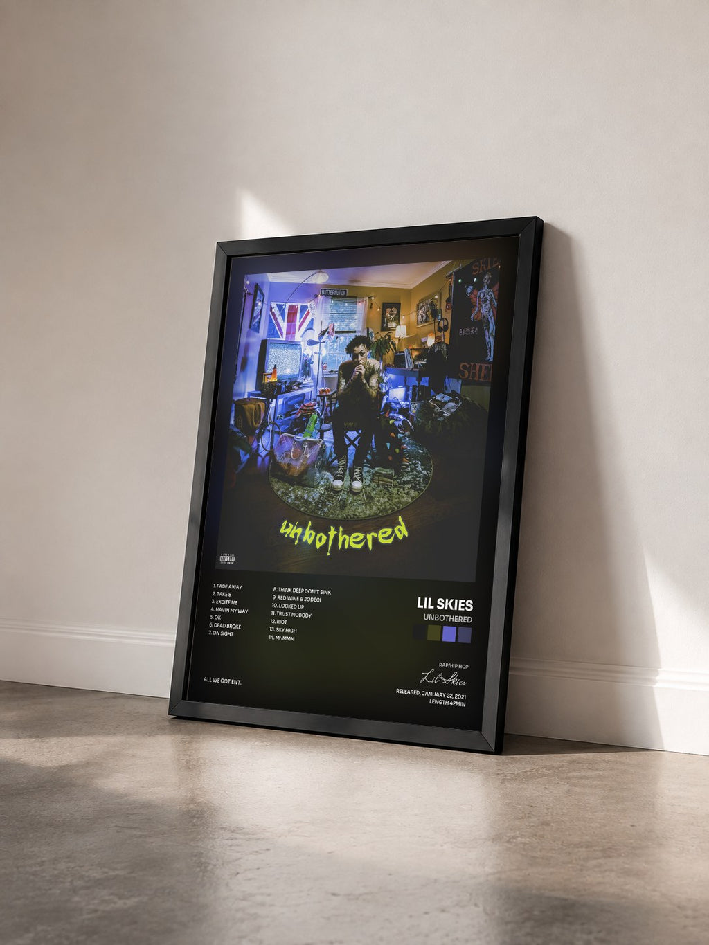 #noir Tableau de l'album Unbothered de Lil Skies vu de trois quarts, cadre noir