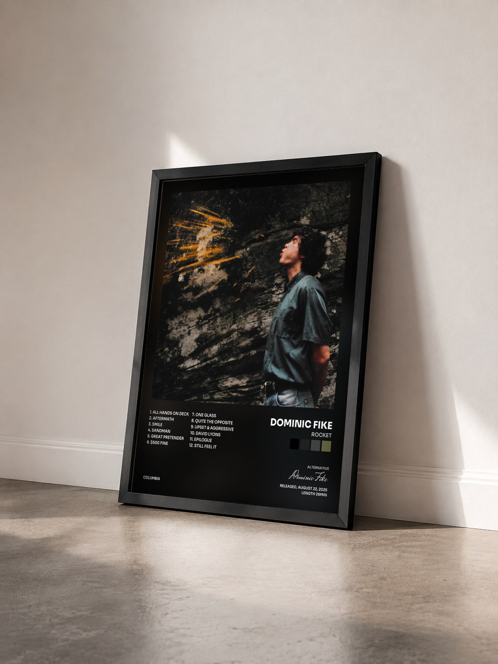 #noir Tableau de l'album Rocket de Dominic Fike vu de trois quarts, cadre noir