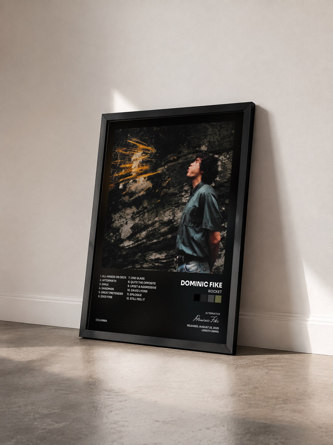 #noir Tableau de l'album Rocket de Dominic Fike vu de trois quarts, cadre noir