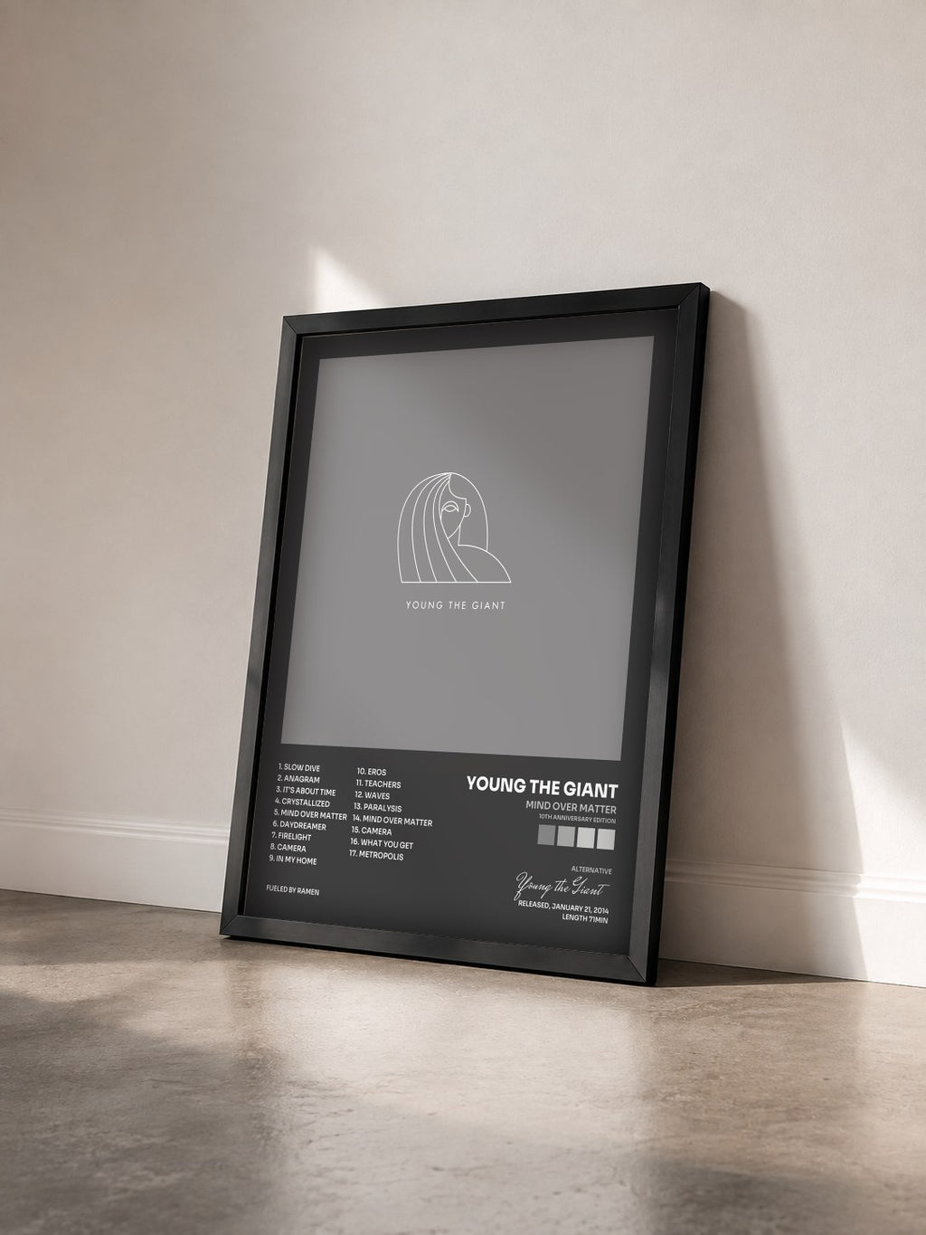 #noir Tableau de l'album Mind Over Matter (10th Anniversary Edition) de Young the Giant vu de trois quarts, cadre noir