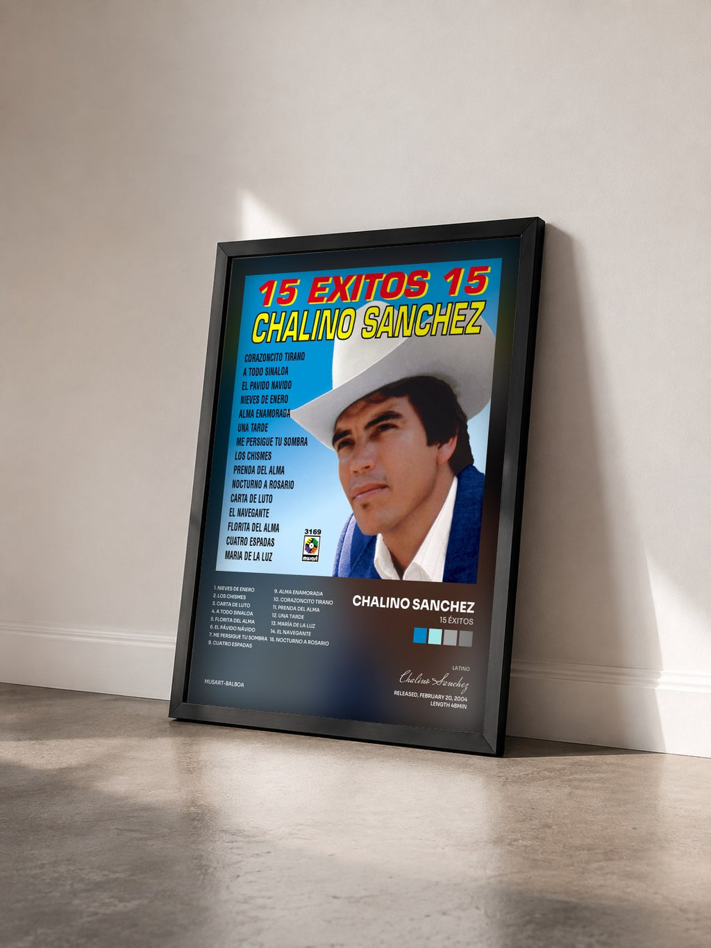 #noir Tableau de l'album 15 Éxitos de Chalino Sanchez vu de trois quarts, cadre noir