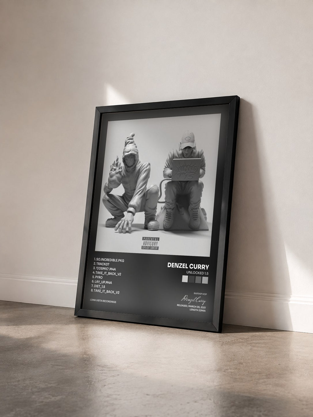 #noir Tableau de l'album UNLOCKED 1.5 de Denzel Curry vu de trois quarts, cadre noir