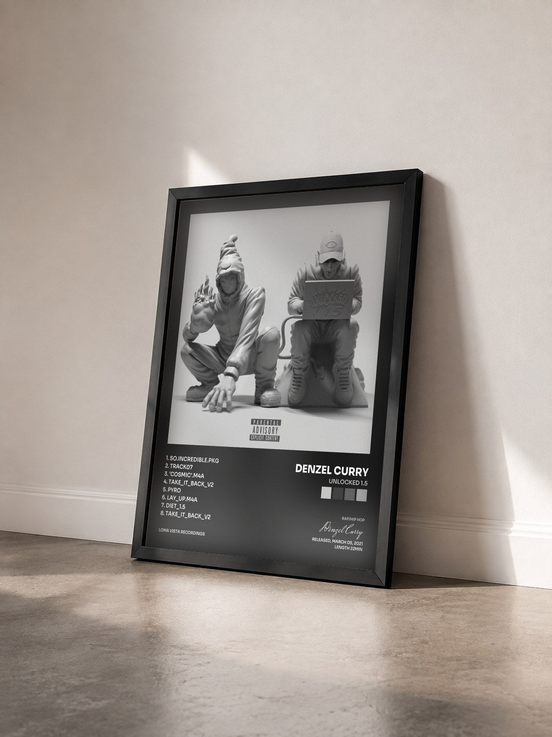 #noir Tableau de l'album UNLOCKED 1.5 de Denzel Curry vu de trois quarts, cadre noir