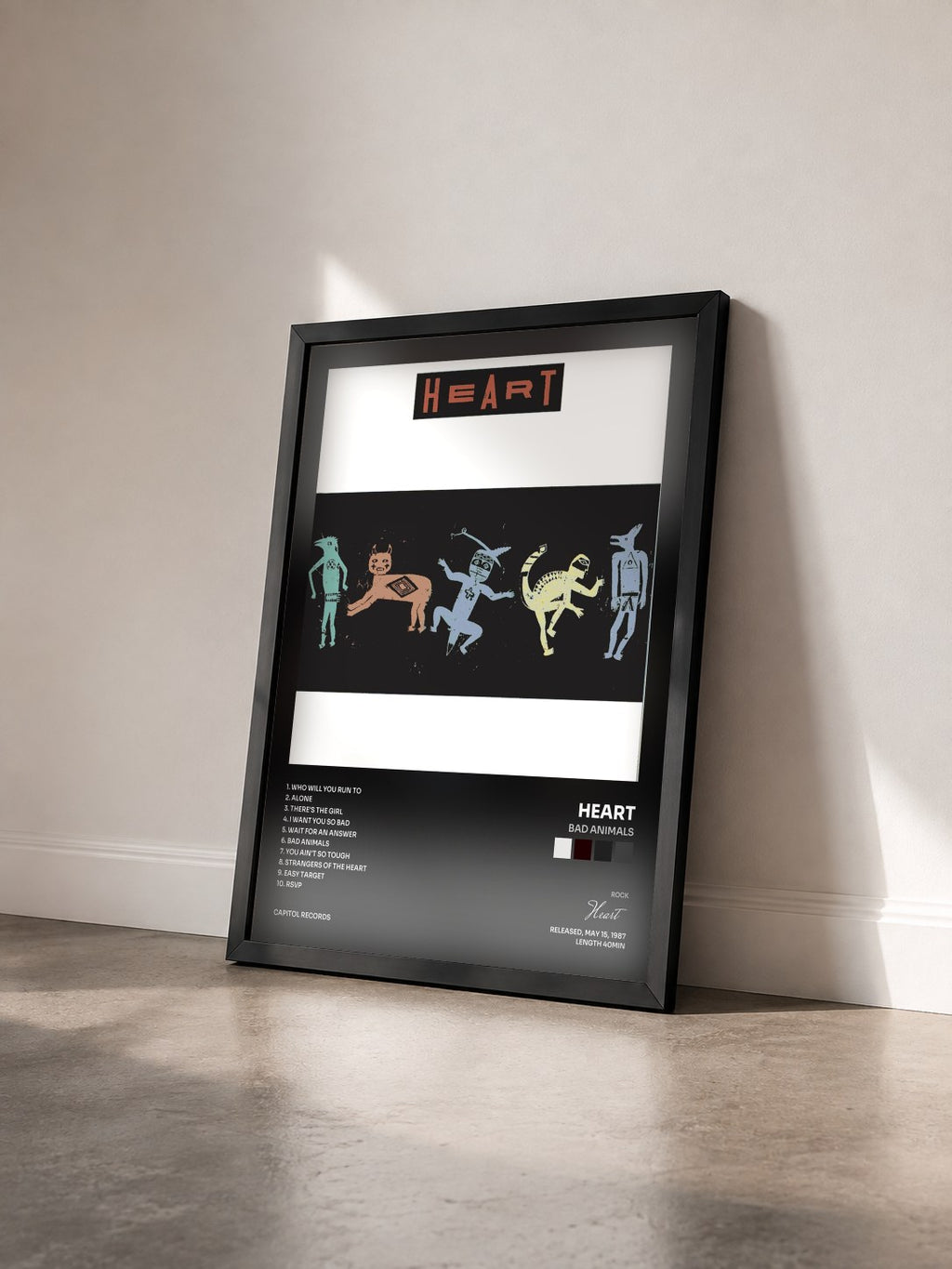 #noir Tableau de l'album Bad Animals de Heart vu de trois quarts, cadre noir