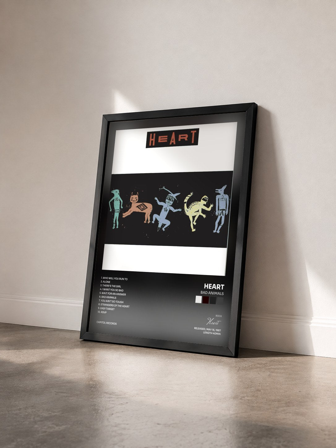 #noir Tableau de l'album Bad Animals de Heart vu de trois quarts, cadre noir