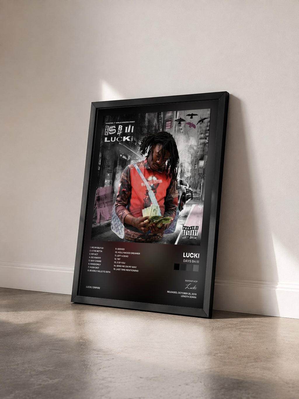 #noir Tableau de l'album Days B4 III de Lucki vu de trois quarts, cadre noir