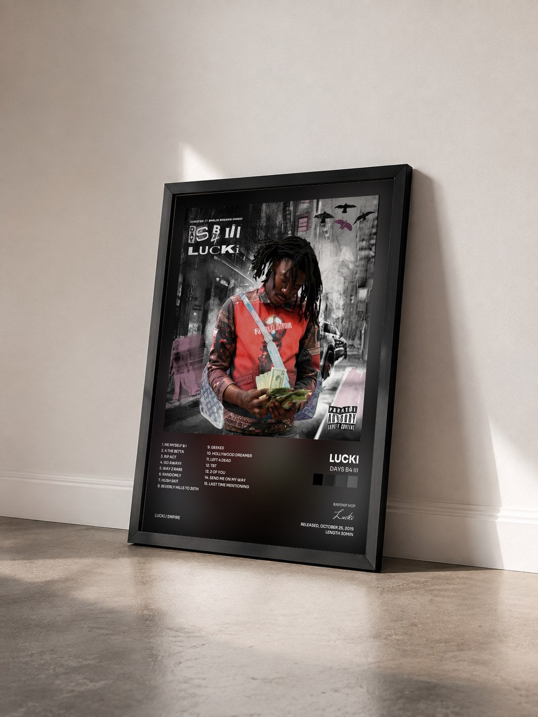 #noir Tableau de l'album Days B4 III de Lucki vu de trois quarts, cadre noir