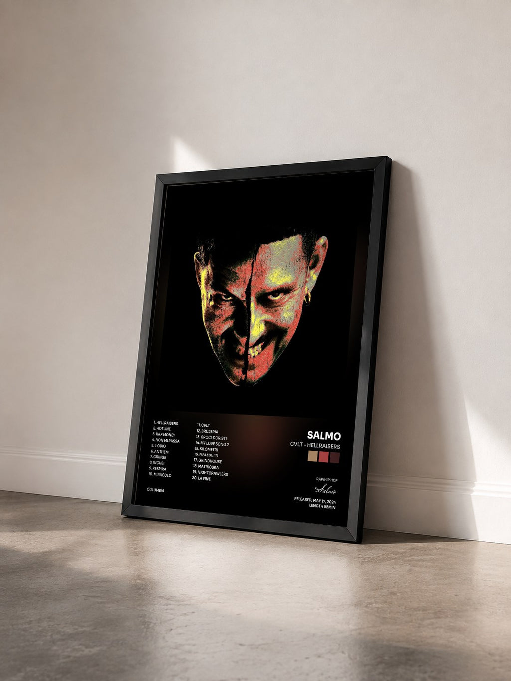 #noir Tableau de l'album CVLT - HELLRAISERS de Salmo vu de trois quarts, cadre noir