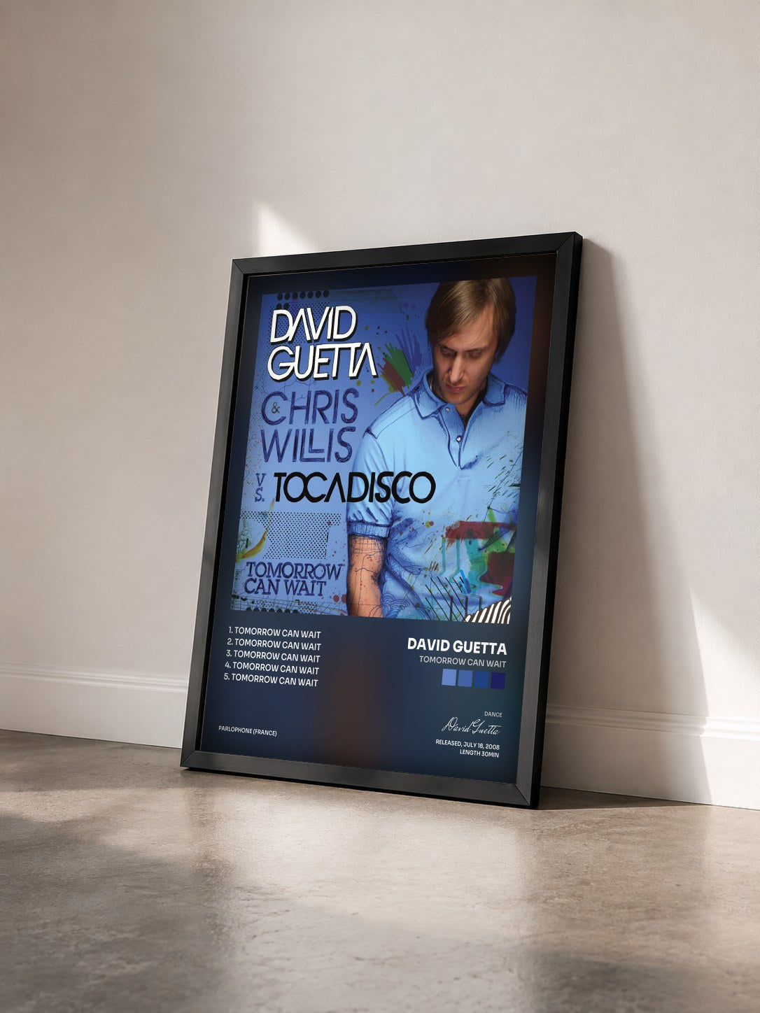 #noir Tableau de l'album Tomorrow Can Wait de David Guetta vu de trois quarts, cadre noir