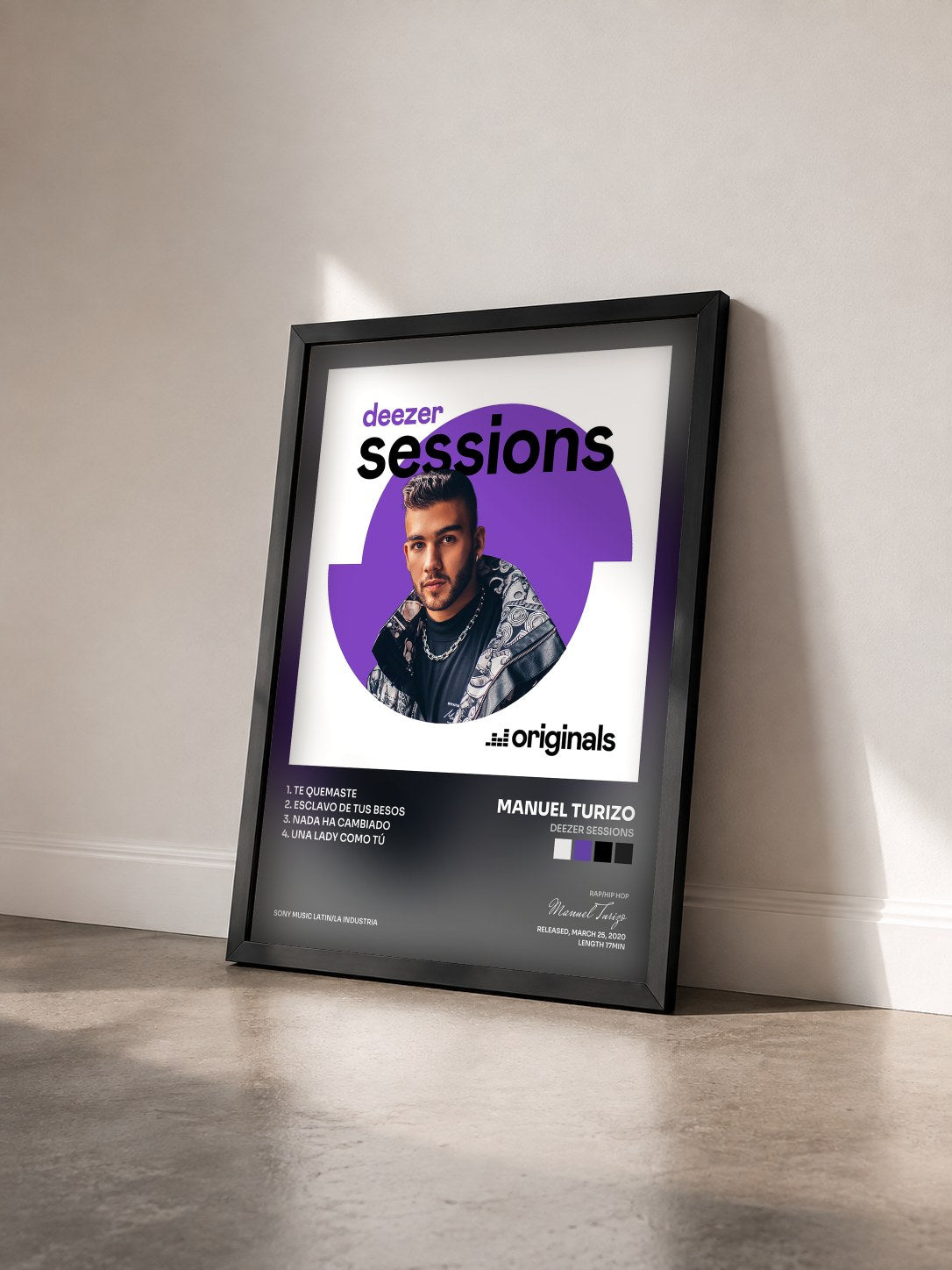 #noir Tableau de l'album Deezer Sessions de Manuel Turizo vu de trois quarts, cadre noir