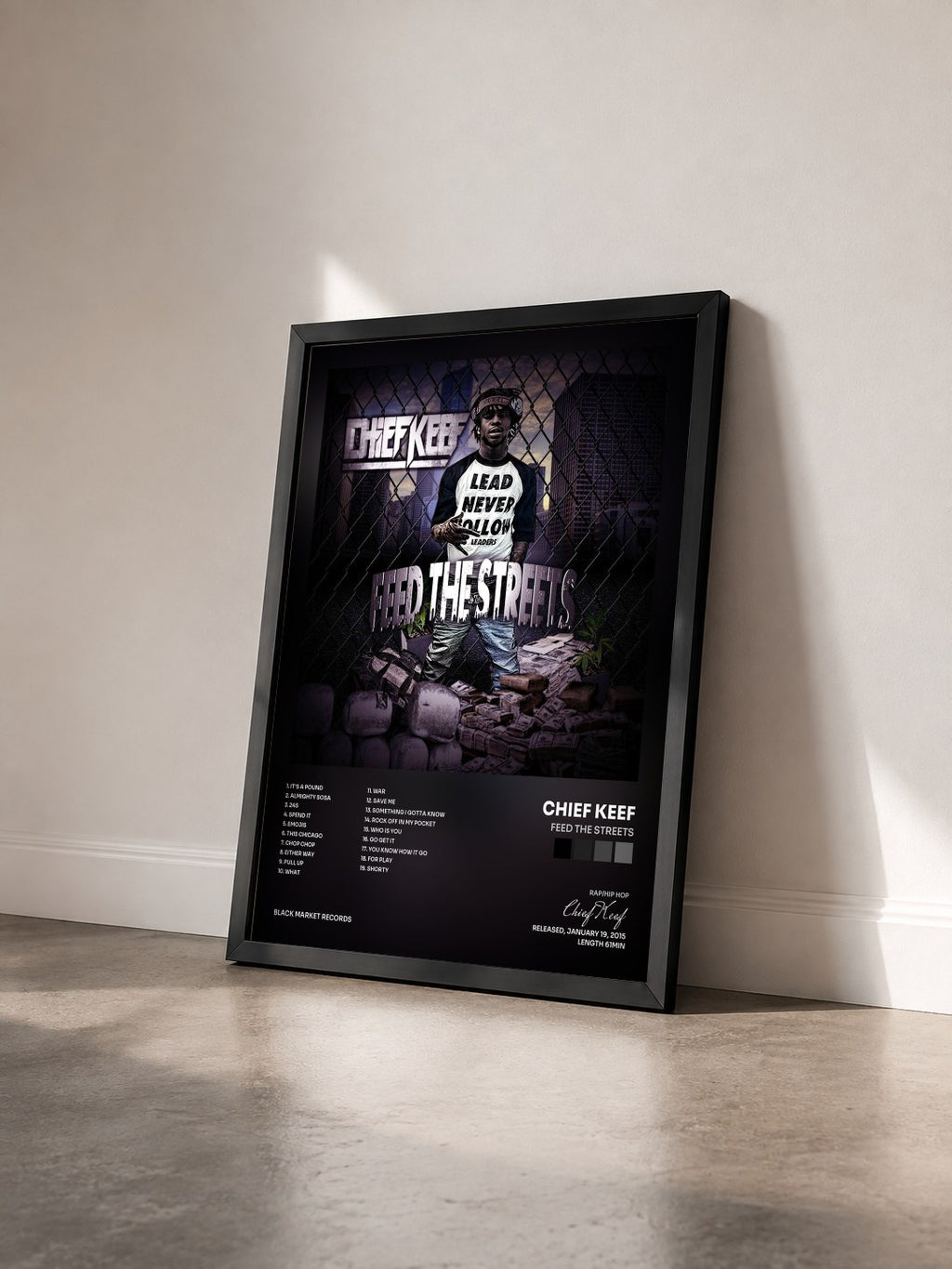 #noir Tableau de l'album Feed The Streets de Chief Keef vu de trois quarts, cadre noir