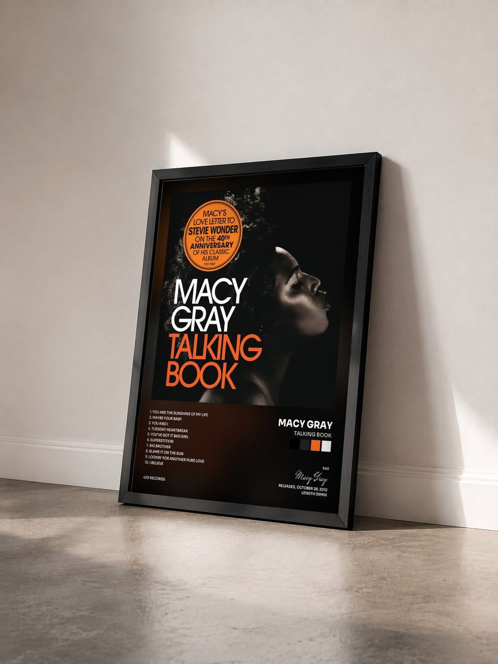 #noir Tableau de l'album Talking Book de Macy Gray vu de trois quarts, cadre noir