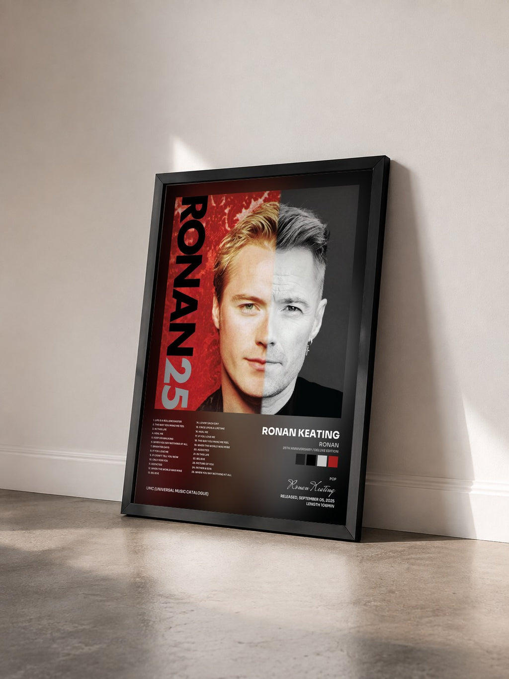 #noir Tableau de l'album Ronan (25th Anniversary / Deluxe Edition) de Ronan Keating vu de trois quarts, cadre noir