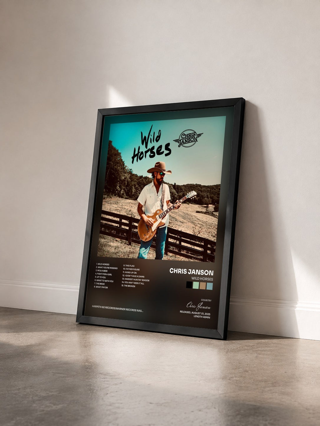 #noir Tableau de l'album Wild Horses de Chris Janson vu de trois quarts, cadre noir