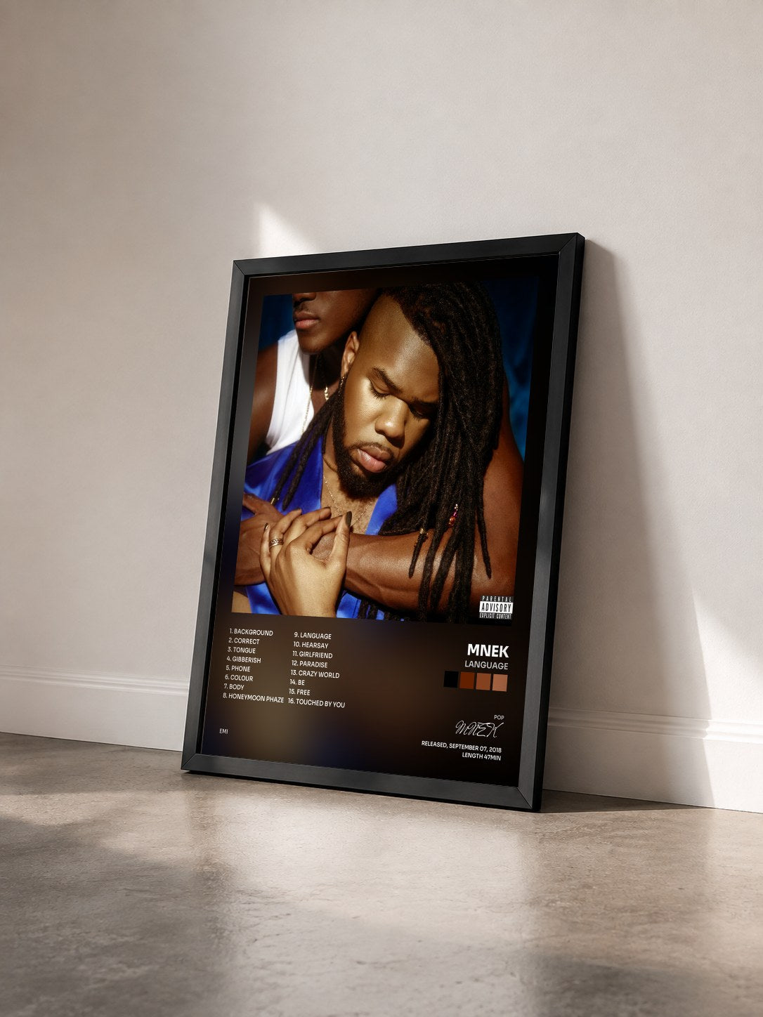 #noir Tableau de l'album Language de MNEK vu de trois quarts, cadre noir