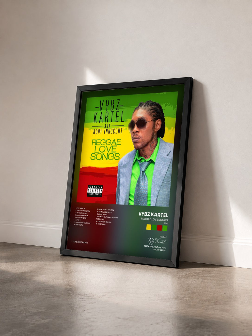#noir Tableau de l'album Reggae Love Songs (Raw) de Vybz Kartel vu de trois quarts, cadre noir