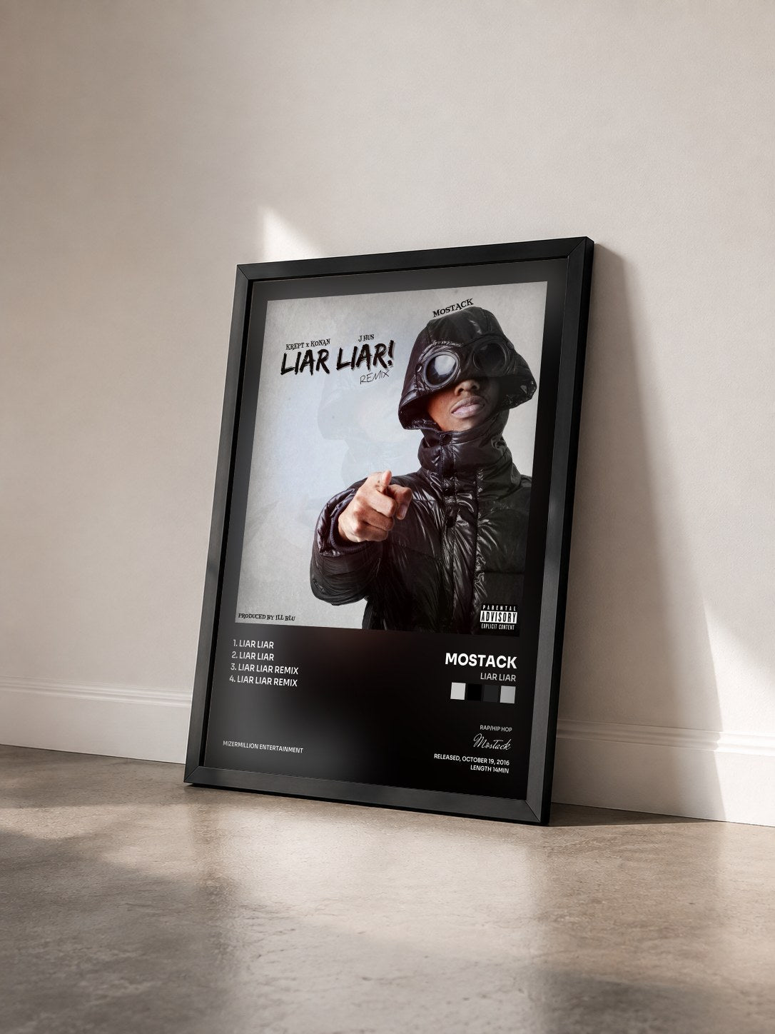 #noir Tableau de l'album Liar Liar de Mostack vu de trois quarts, cadre noir