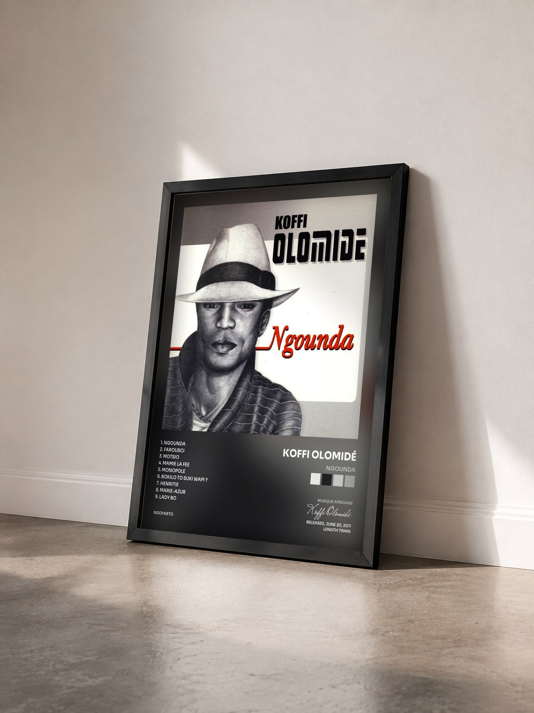 #noir Tableau de l'album Ngounda de Koffi Olomidé vu de trois quarts, cadre noir