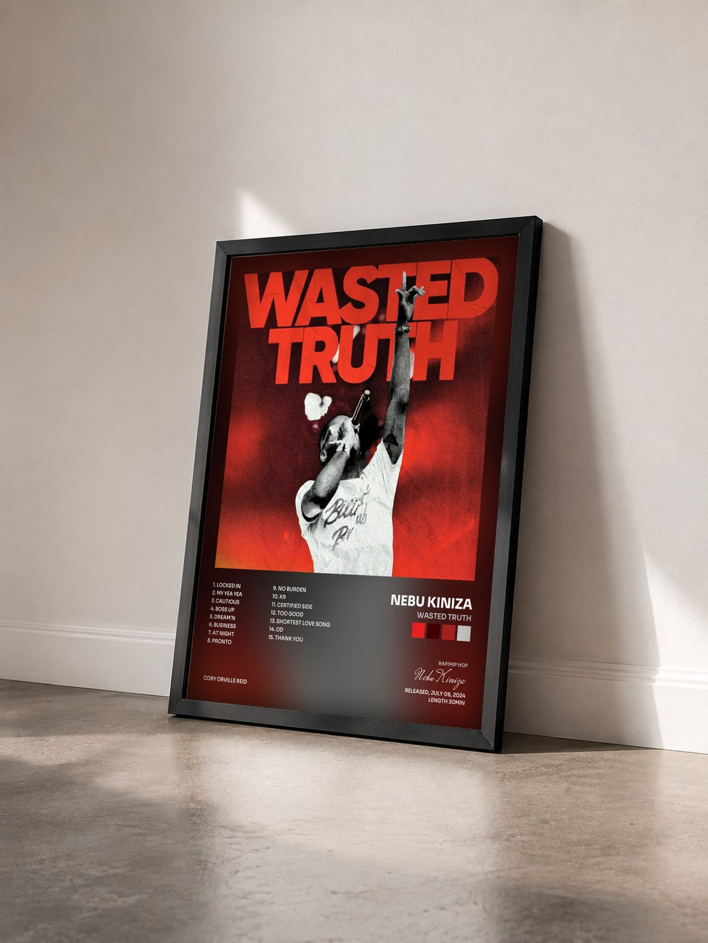 #noir Tableau de l'album Wasted Truth de Nebu Kiniza vu de trois quarts, cadre noir