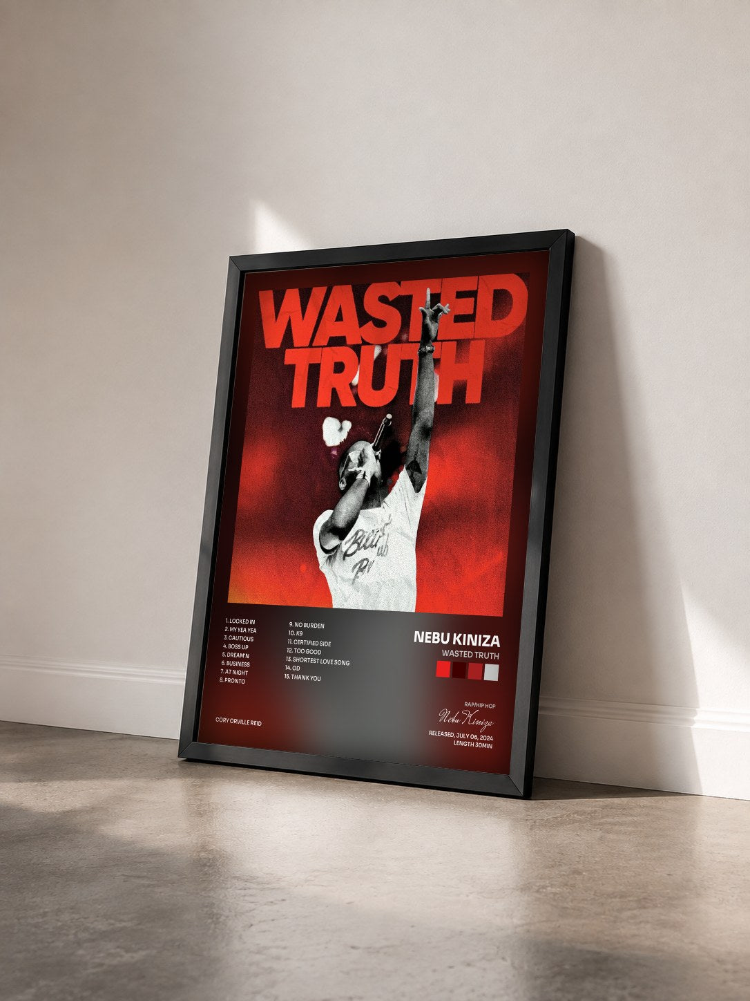 #noir Tableau de l'album Wasted Truth de Nebu Kiniza vu de trois quarts, cadre noir