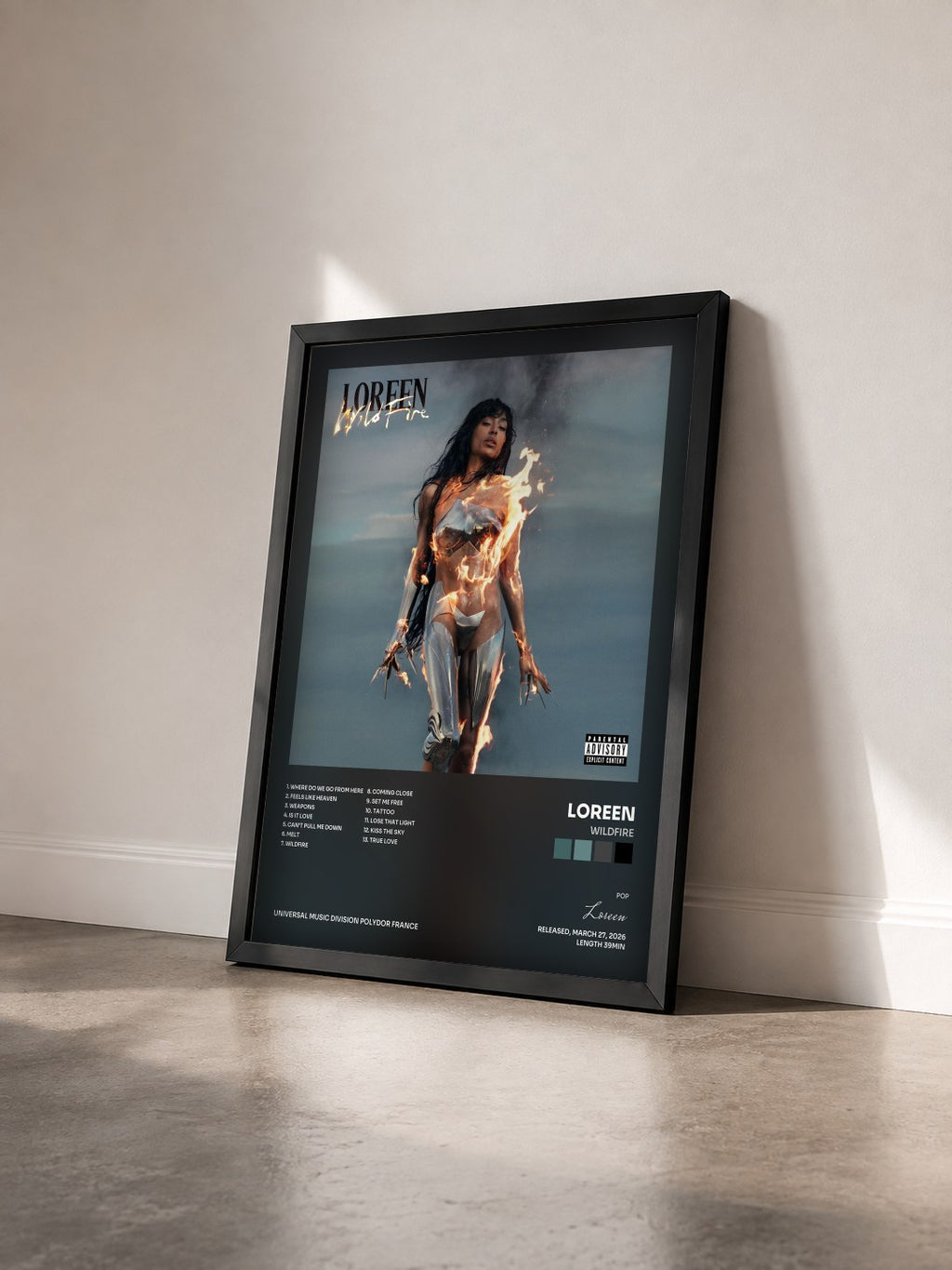 #noir Tableau de l'album WILDFIRE de Loreen vu de trois quarts, cadre noir