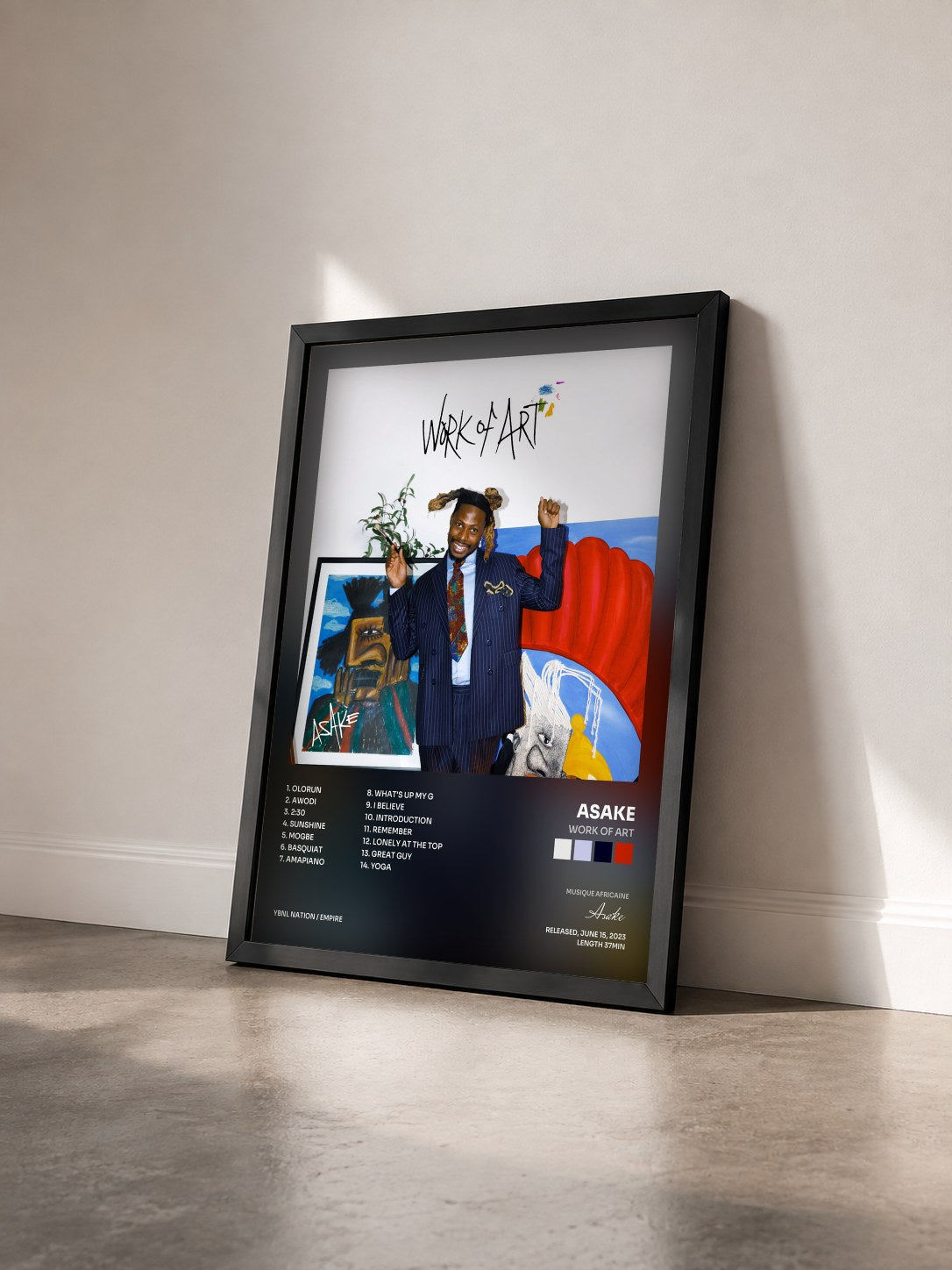 #noir Tableau de l'album Work Of Art de Asake vu de trois quarts, cadre noir