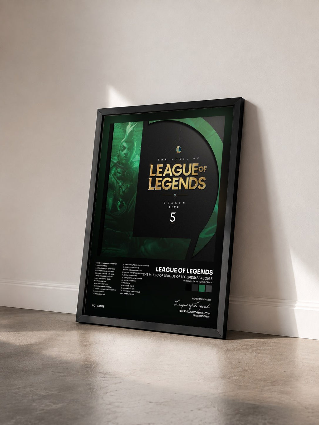 #noir The Music of League of Legends: Season 5 (Original Game Soundtrack) by League of Legends as a framed art print seen at an angle, black frame