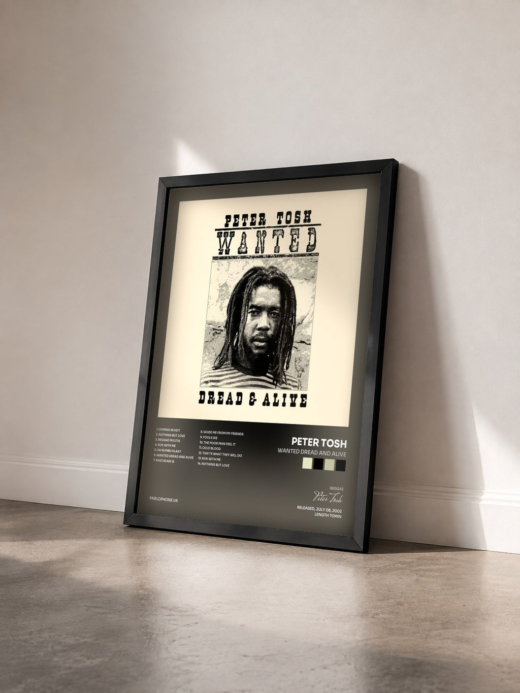 #noir Tableau de l'album Wanted Dread and Alive de Peter Tosh vu de trois quarts, cadre noir
