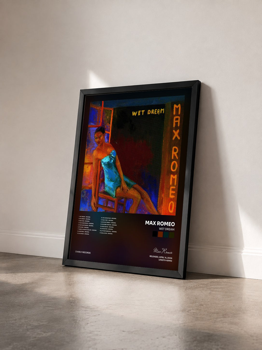 #noir Tableau de l'album Wet Dream de Max Romeo vu de trois quarts, cadre noir