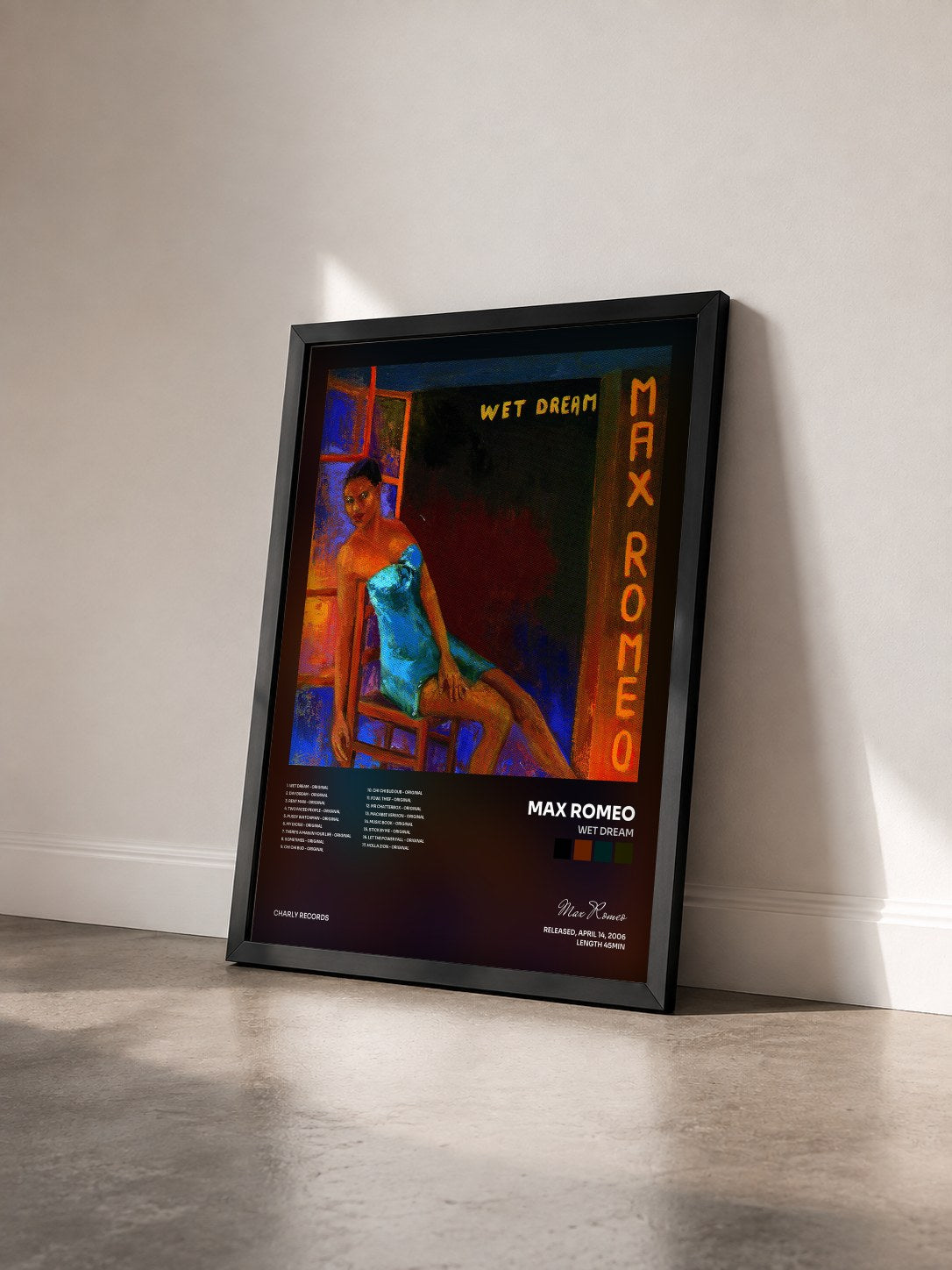 #noir Tableau de l'album Wet Dream de Max Romeo vu de trois quarts, cadre noir