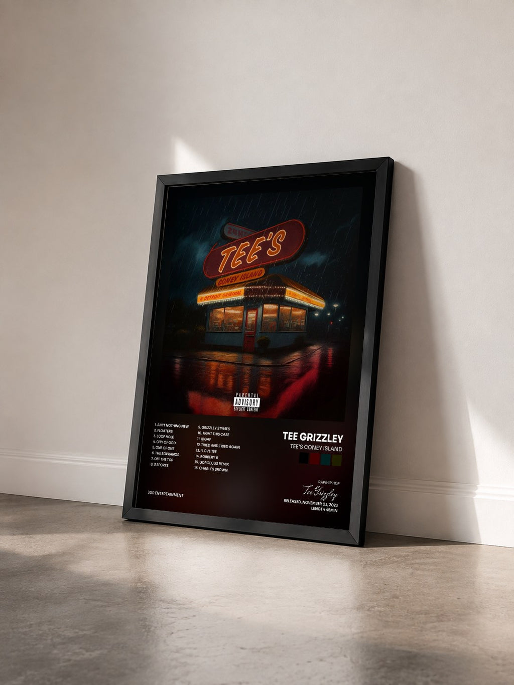 #noir Tableau de l'album Tee's Coney Island de Tee Grizzley vu de trois quarts, cadre noir