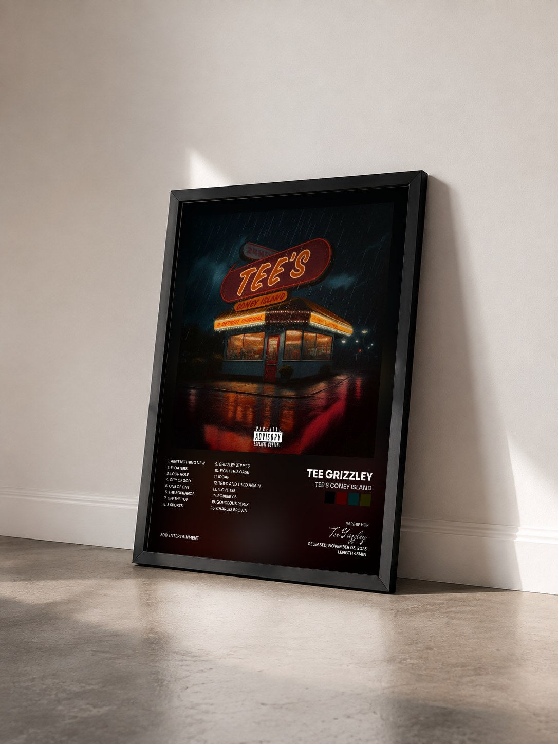 #noir Tableau de l'album Tee's Coney Island de Tee Grizzley vu de trois quarts, cadre noir