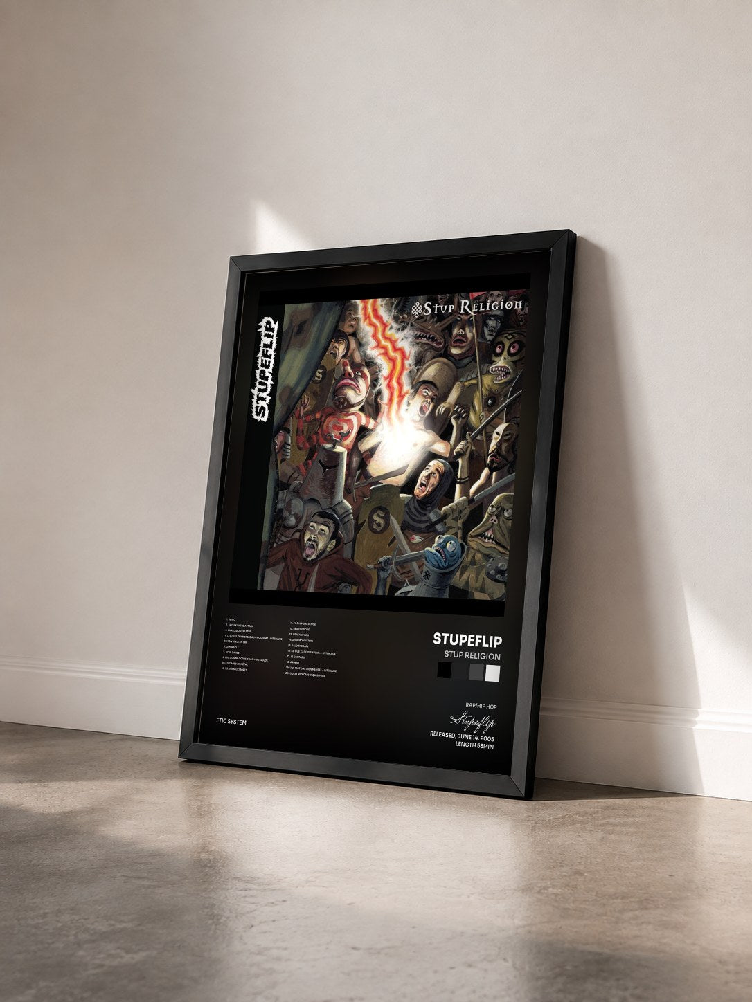 #noir Tableau de l'album Stup Religion de Stupeflip vu de trois quarts, cadre noir