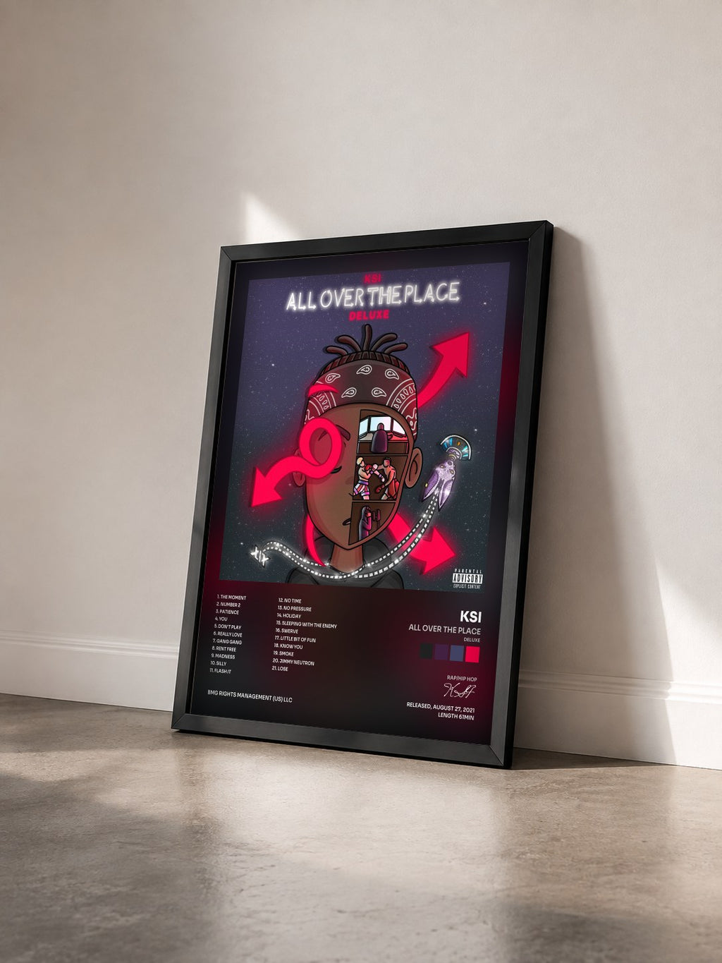 #noir Tableau de l'album All Over The Place (Deluxe) de KSI vu de trois quarts, cadre noir