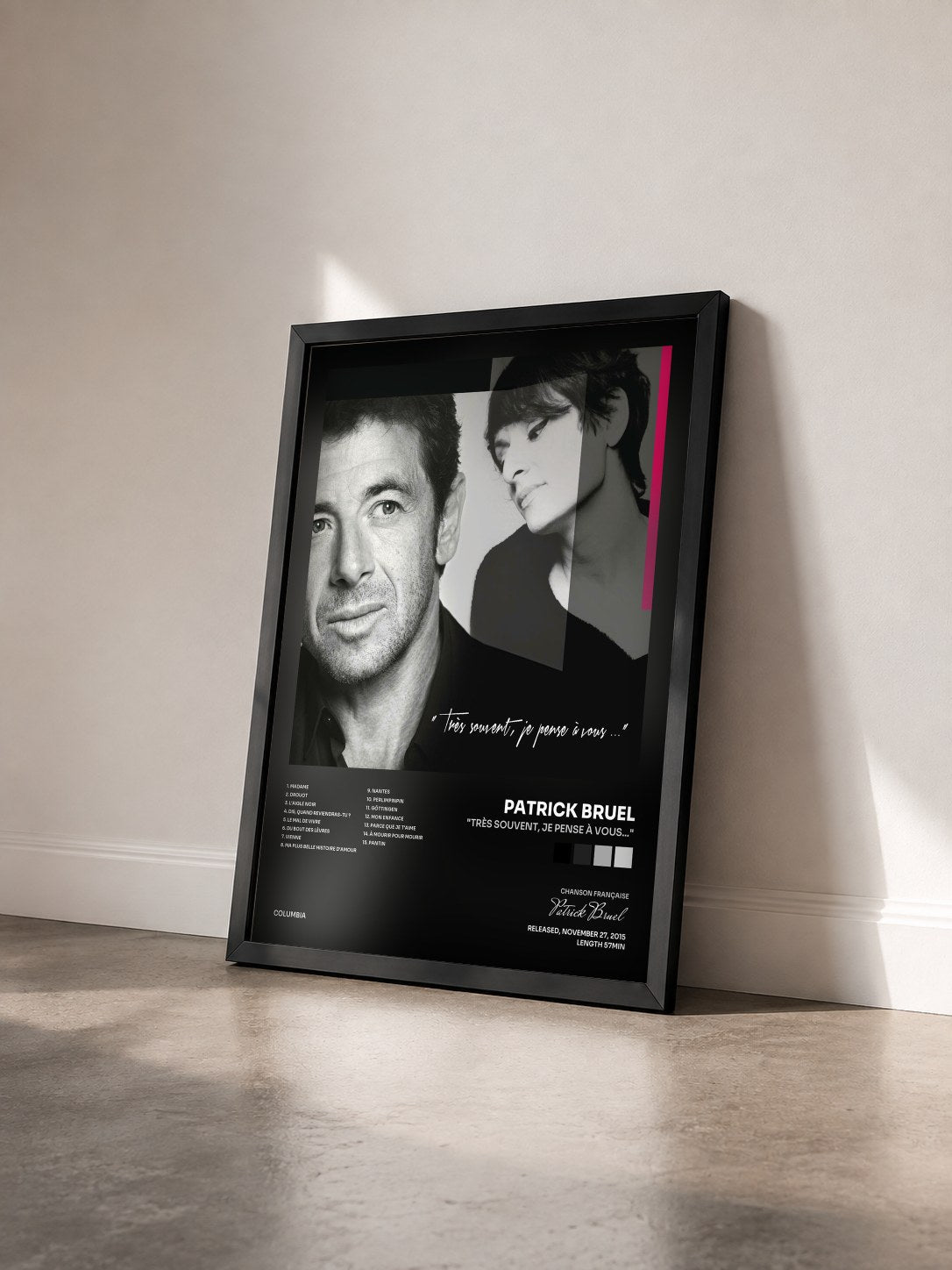 #noir Tableau de l'album "Très souvent, je pense à vous..." de Patrick Bruel vu de trois quarts, cadre noir