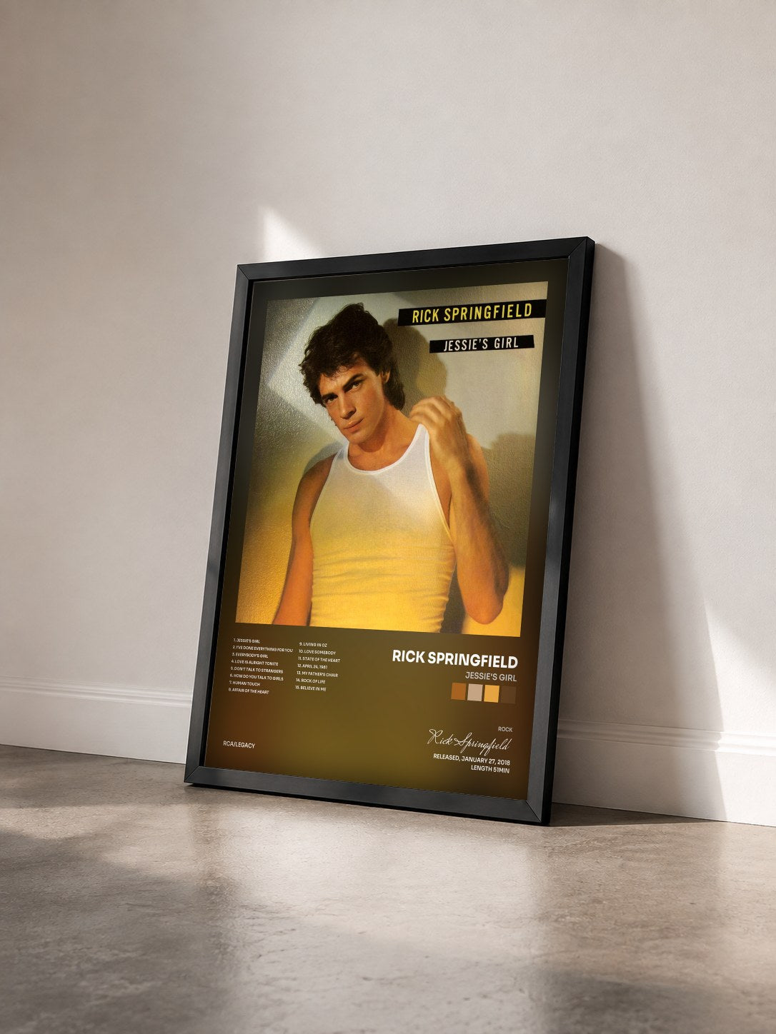 #noir Tableau de l'album Jessie's Girl de Rick Springfield vu de trois quarts, cadre noir
