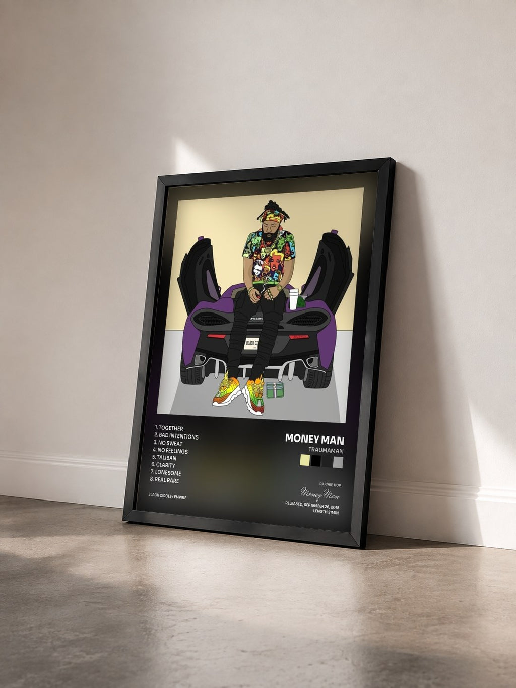 #noir Tableau de l'album TraumaMan de Money Man vu de trois quarts, cadre noir