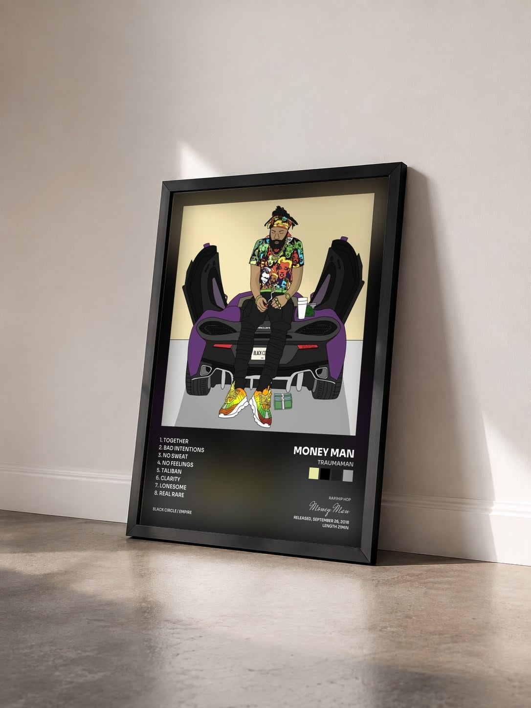 #noir Tableau de l'album TraumaMan de Money Man vu de trois quarts, cadre noir