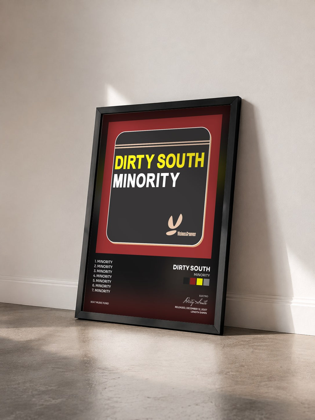 #noir Tableau de l'album Minority de Dirty South vu de trois quarts, cadre noir