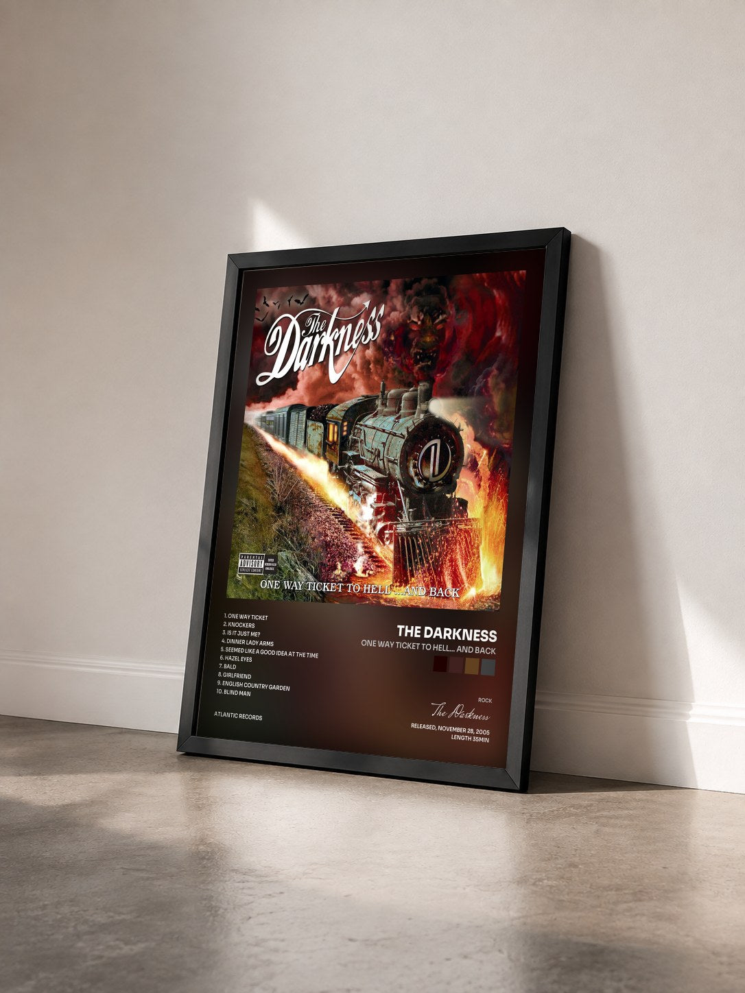 #noir Tableau de l'album One Way Ticket to Hell... and Back de The Darkness vu de trois quarts, cadre noir