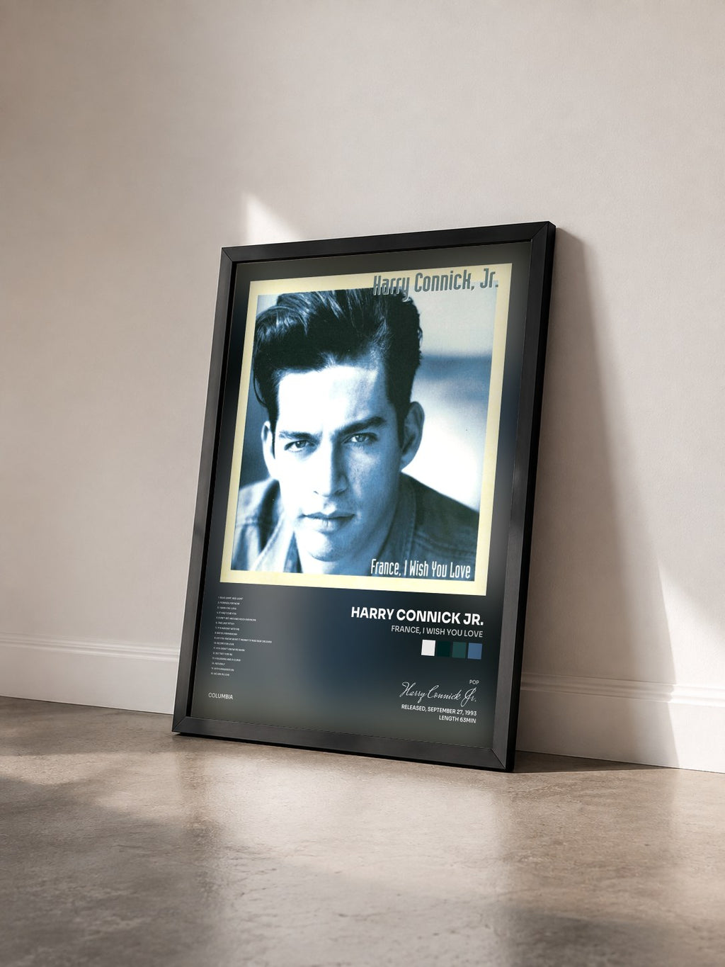 #noir Tableau de l'album France, I Wish You Love de Harry Connick Jr. vu de trois quarts, cadre noir