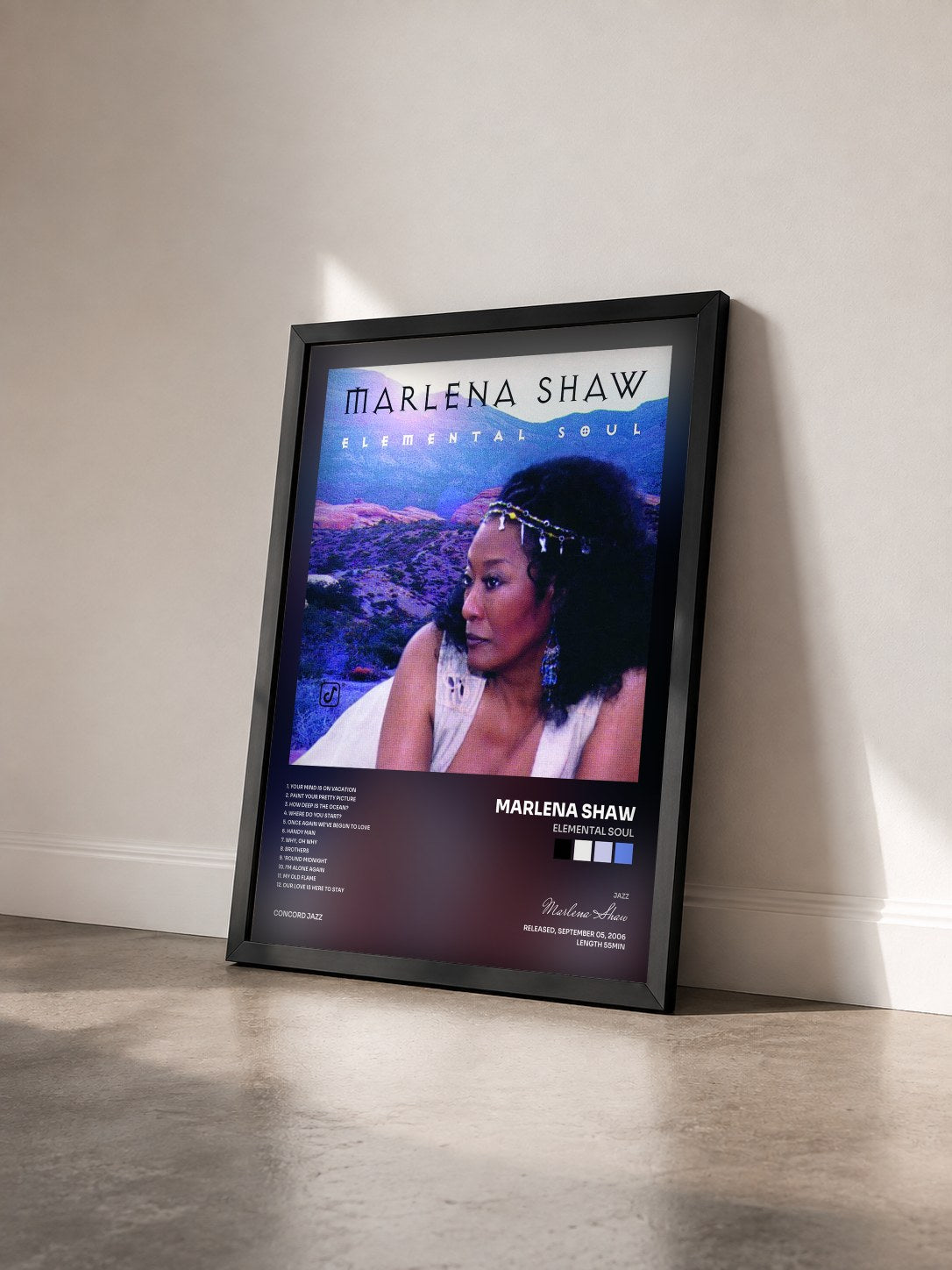 #noir Tableau de l'album Elemental Soul de Marlena Shaw vu de trois quarts, cadre noir