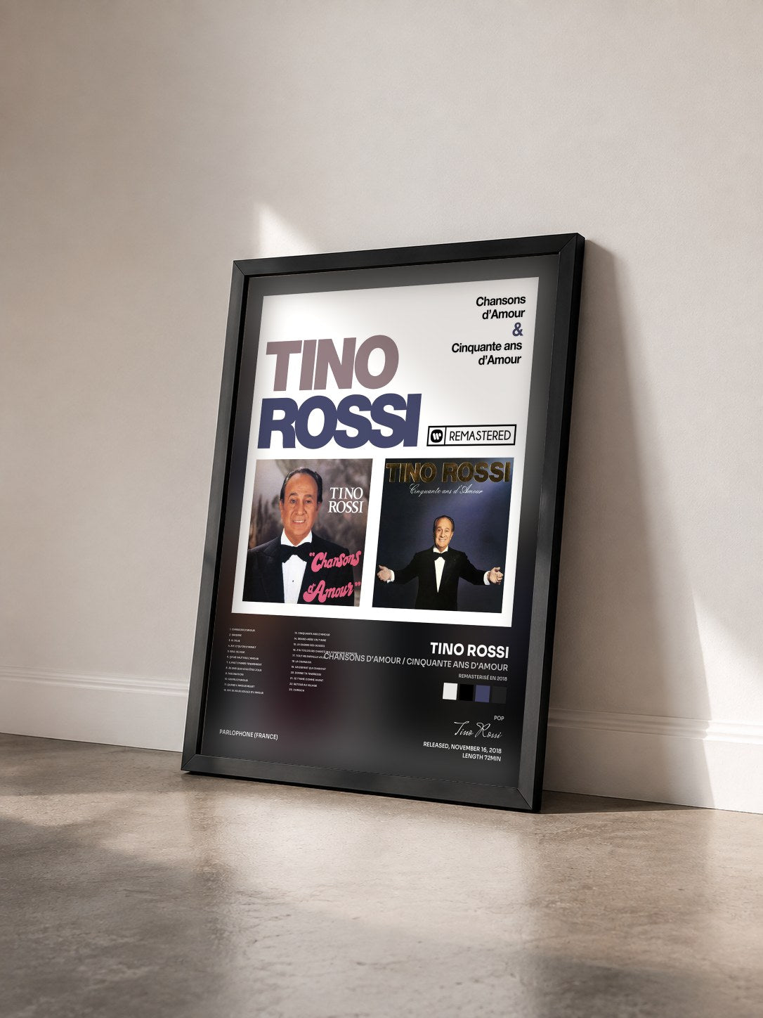 #noir Tableau de l'album Chansons d'amour / Cinquante ans d'amour (Remasterisé en 2018) de Tino Rossi vu de trois quarts, cadre noir