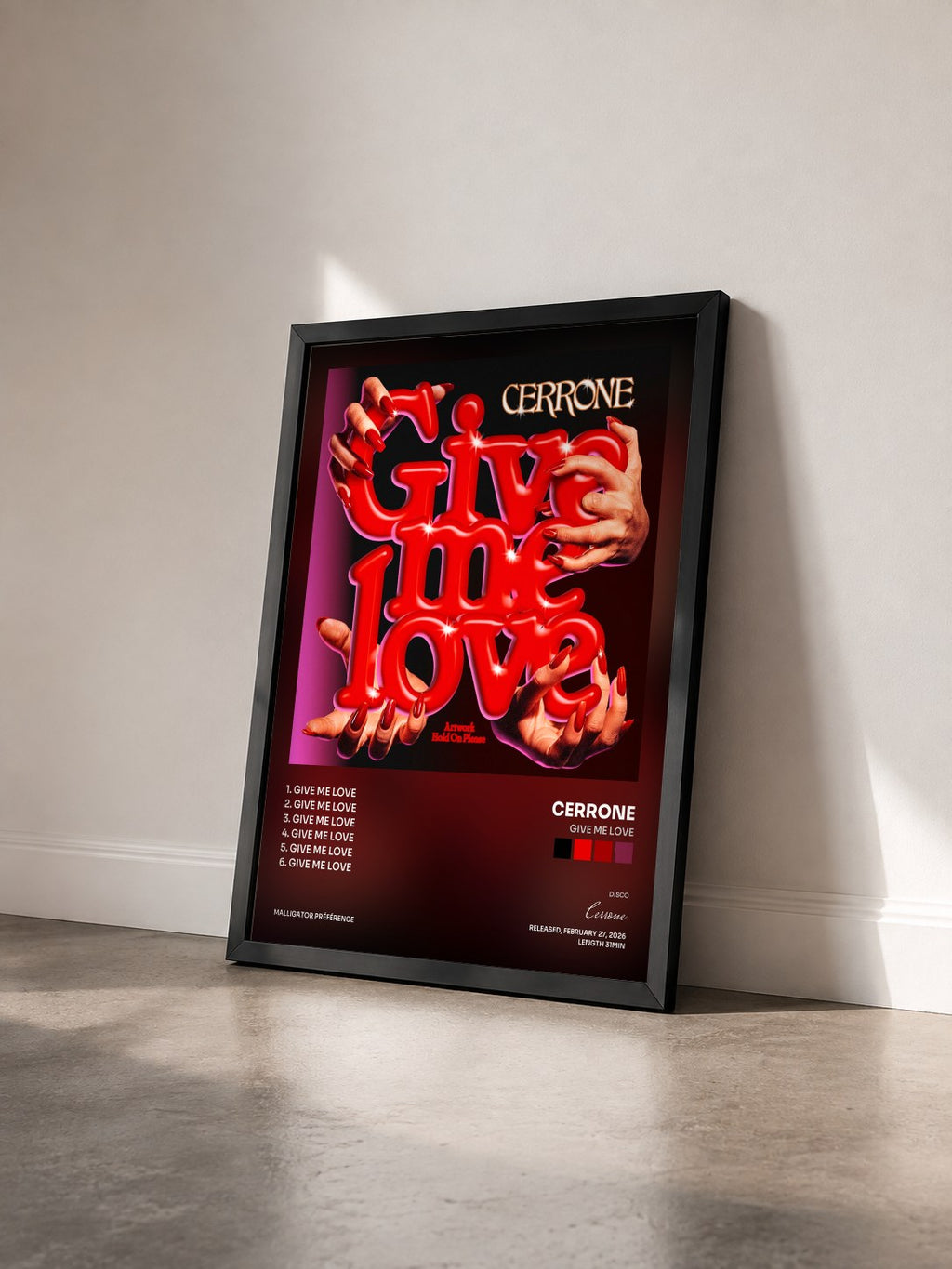 #noir Tableau de l'album Give Me Love de Cerrone vu de trois quarts, cadre noir